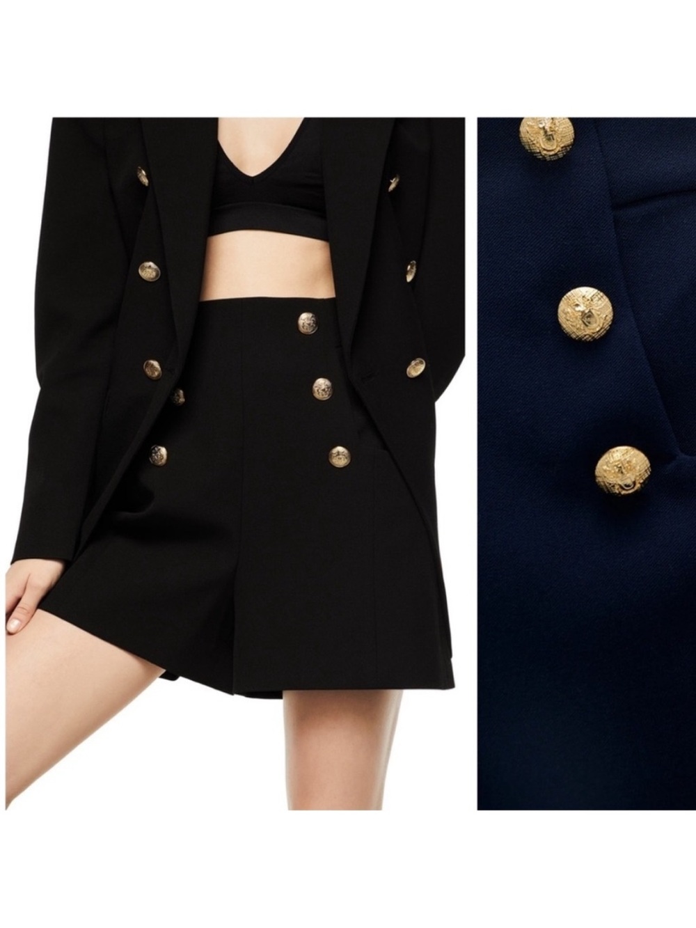 Zara Black High-Waist Tailored Shorts with Gold Buttons